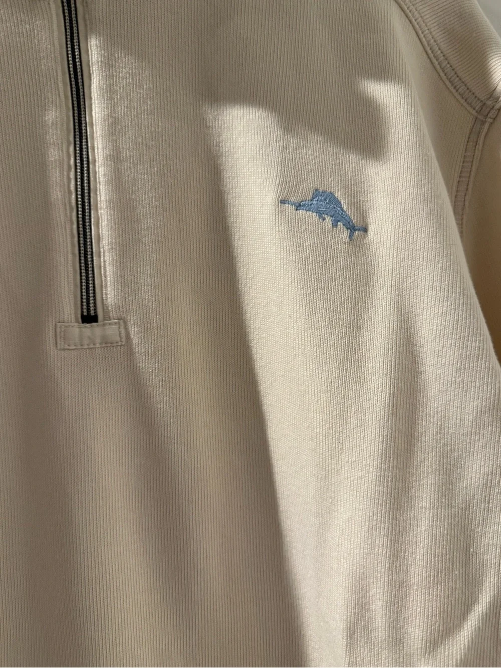 Tommy Bahama Cream Quarter-Zip Sweater with Light Blue Dolphin